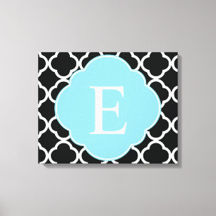 Black Blue Quatrefoil Monogram Canvas Print