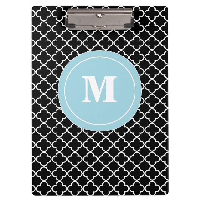 Black Blue Quatrefoil Monogram Clipboard (Front)