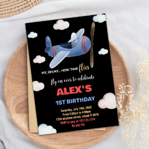 Black Blue Red Airplane Birthday Invitations