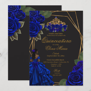 Black Blue Roses Gold Princess Quinceañera  Invitation