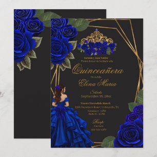 Black Blue Roses Gold Princess Quinceañera  Invitation