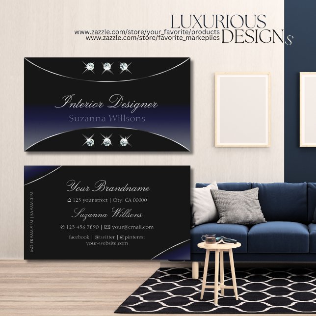 Black Blue Silver Decor with Sparkling Diamonds Business Card (Creator Uploaded)