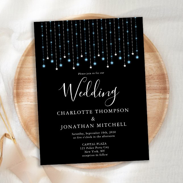 Black Blue Silver Stars String Lights Wedding Postcard (Creator Uploaded)