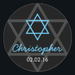 Black Blue Star of David Personalized Bar Mitzvah Classic Round Sticker<br><div class="desc">You can personalize the text on this simple black and aqua blue Jewish Star of David Bar Mitzvah favour tags or envelope seals. The design is elegant and simple in black and aqua blue. Personalized with the name and date of the Bar Mitzvah.</div>