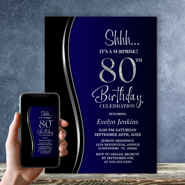 Black Blue Surprise 80th Birthday Invitation (Creator Uploaded)