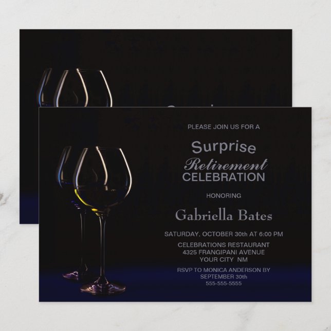 Black Blue Surprise Retirement Wine Glass Party Invitation (Front/Back)