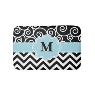 Black Blue Swirl Chevron Monogram Bathmat