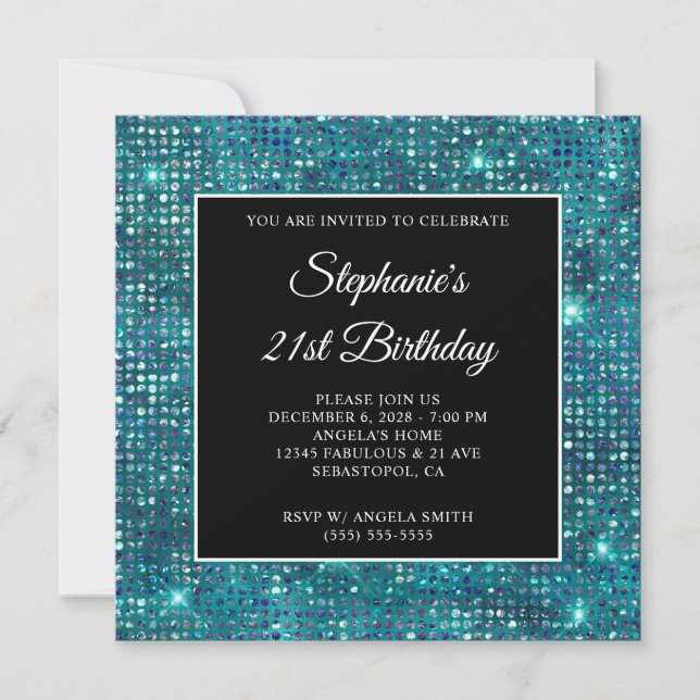 Black Blue Teal Diamond Studded Foil 21st Birthday Invitation (Front)