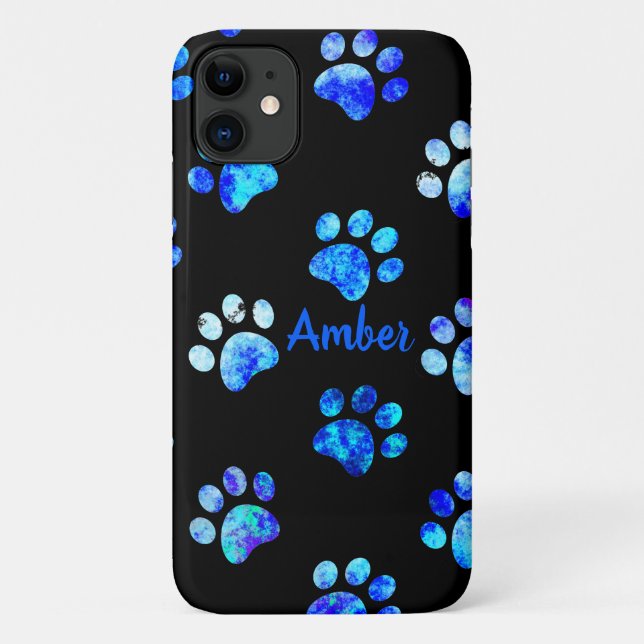 Black Blue Textured Paw Print Pattern Personalized Case-Mate iPhone Case (Back)