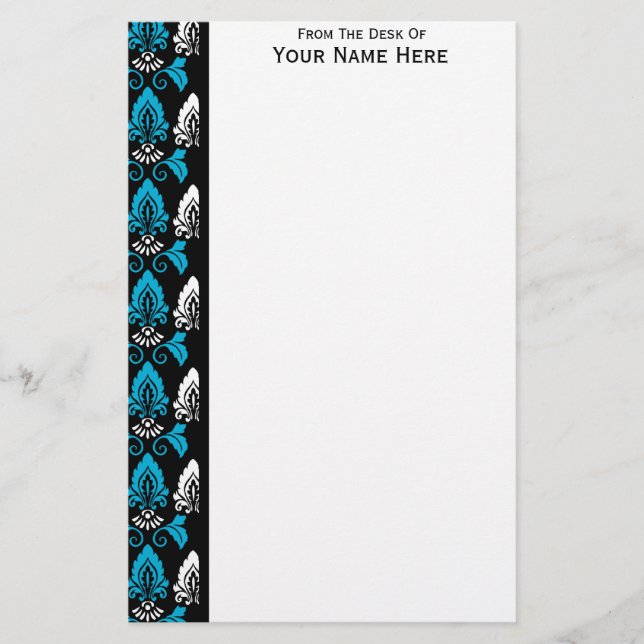 Black Blue White Damask Border Stationery (Front)