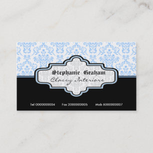 Black blue white damask interiors business card