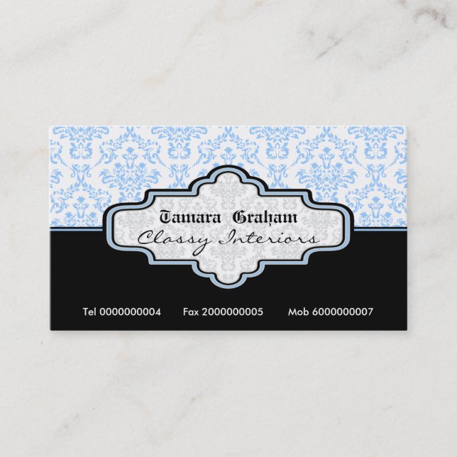 Black, blue, white damask interiors business card (Front)
