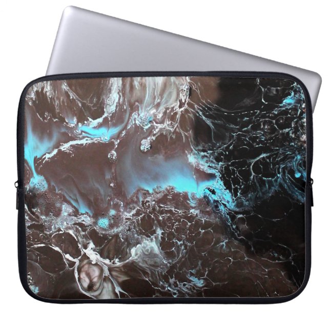 Black blue white marbled paint pattern laptop sleeve (Front)