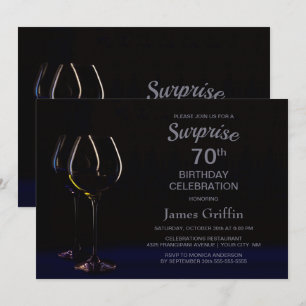Black Blue Wine Champagne Surprise 70th Birthday Invitation