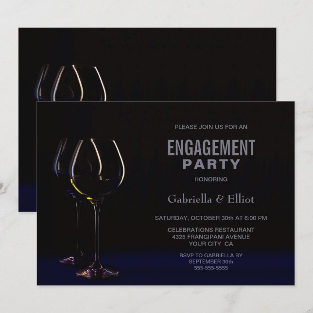 Black Blue Wine Glass Engagement Party Invitation (Front/Back)
