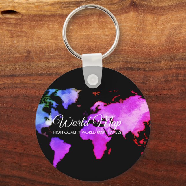 Black Blue World Map Trip Globe Travel Agent Keychain (Front)