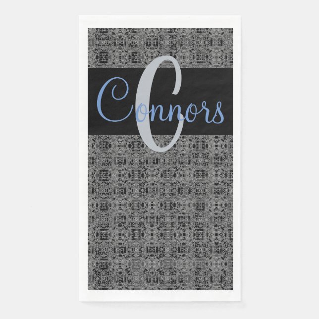 Black Blue X's and O's Pattern Grey Monogram Napkin (Front)
