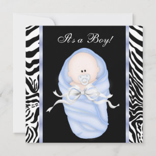 Black Blue Zebra Baby Boy Shower Invitations