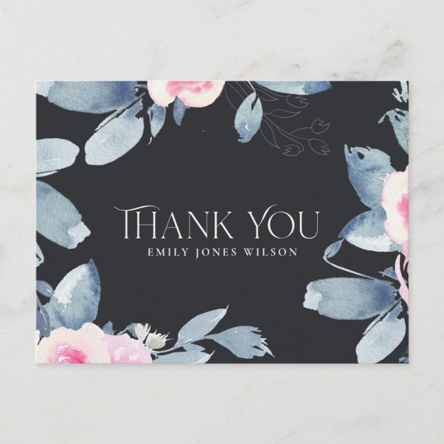 BLACK BLUSH BLUE FLORAL ANY AGE BIRTHDAY THANK YOU ANNOUNCEMENT POSTCARD (Front)