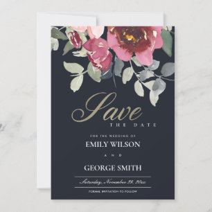 BLACK BLUSH BURGUNDY ROSE FLORA SAVE THE DATE CARD