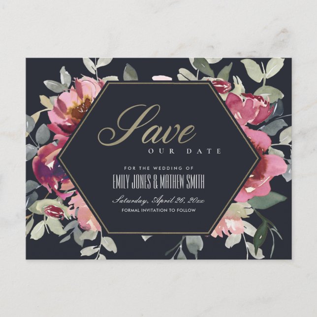 BLACK BLUSH BURGUNDY ROSE FLORAL SAVE THE DATE ANNOUNCEMENT POSTCARD (Front)