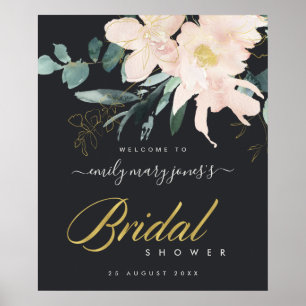 BLACK BLUSH FLORA WATERCOLOR BRIDAL SHOWER WELCOME POSTER