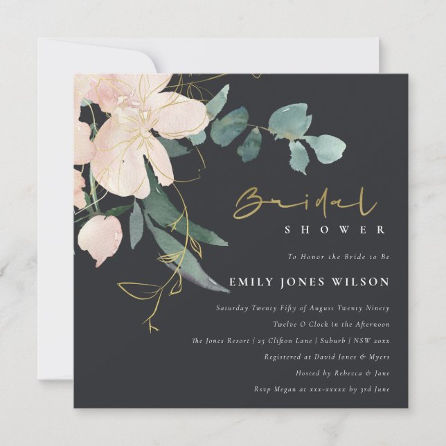 BLACK BLUSH FLORAL BUNCH WATERCOLOR BRIDAL SHOWER INVITATION (Front)
