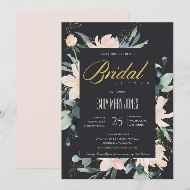 BLACK BLUSH FLORAL GOLD WATERCOLOR BRIDAL SHOWER INVITATION (Front/Back)