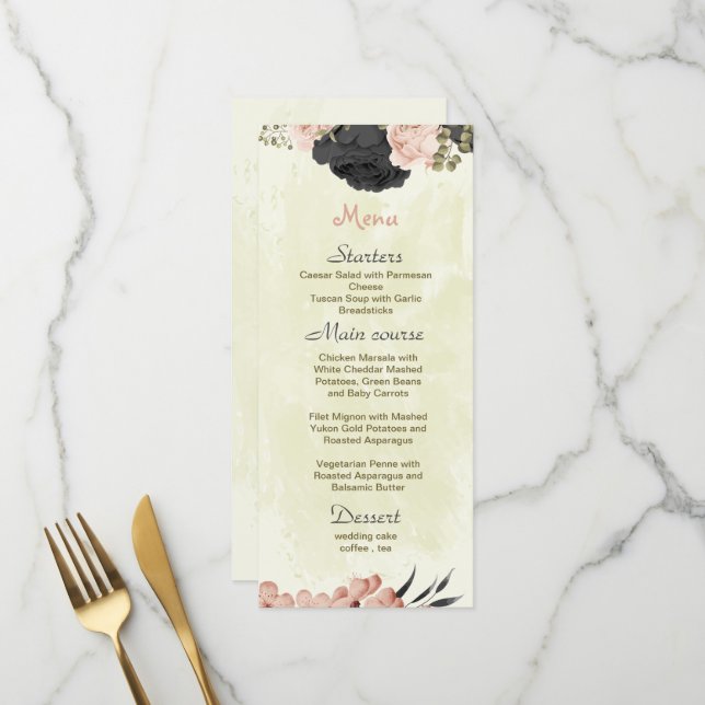 black & blush flowers botanical wedding  menu (Front/Back In Situ)
