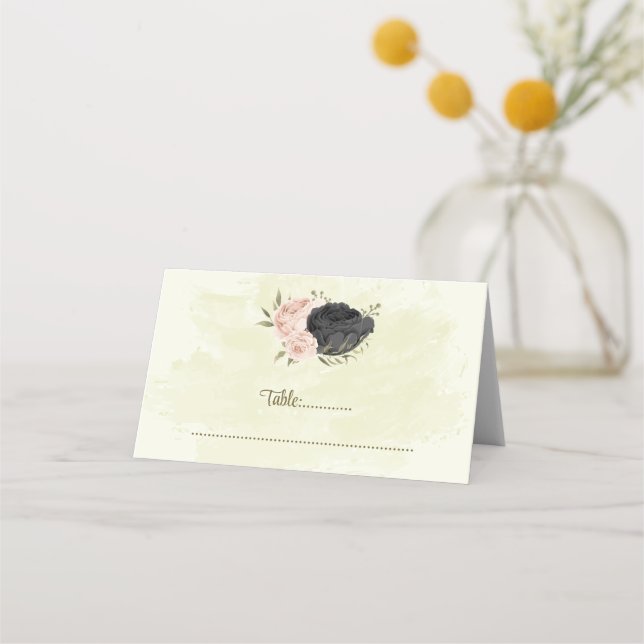 black & blush flowers botanical wedding  place card (Front)