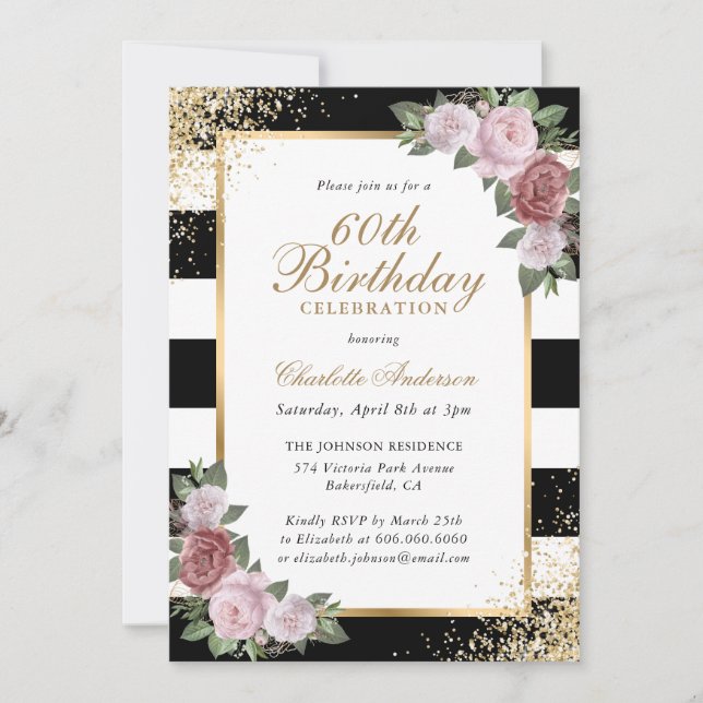 Black Blush Gold Confetti Floral 60th Birthday Invitation (Front)