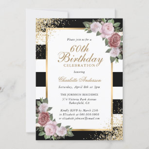 Black Blush Gold Confetti Floral 60th Birthday Invitation