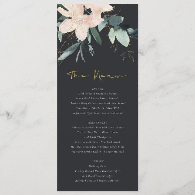 BLACK BLUSH GOLD FLORAL BUNCH WATERCOLOR WEDDING MENU (Front)