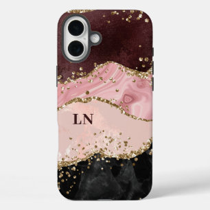 Black Blush Gold Glitter Agate Monogram iPhone 16 Plus Case