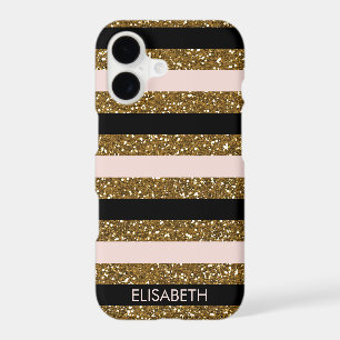 Black, Blush & Gold Glitter Stripes, Personalized