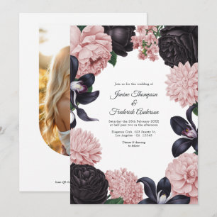 Black & Blush Photo/QR Code Floral Wedding Invitation
