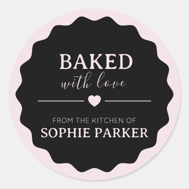 Black Blush Pink Baked With Love Scallop Sticker (Devant)