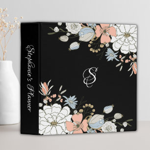 Black Blush Pink Blue Floral Monogram Personalized Binder