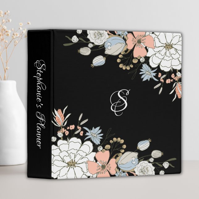 Black Blush Pink Blue Floral Monogram Personalized Binder (Creator Uploaded)