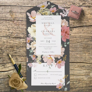 Black & Blush Pink Boho Flowers No Dinner All In One Invitation
