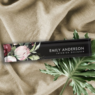 BLACK BLUSH PINK BURGUNDY PROTEA FLORAL WATERCOLOR NAMEPLATE
