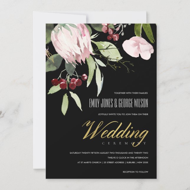 BLACK BLUSH PINK BURGUNDY PROTEA FLORAL WEDDING INVITATION (Front)