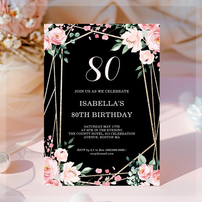 Black | Blush Pink Floral 80th Birthday Invitation (Creator Uploaded)