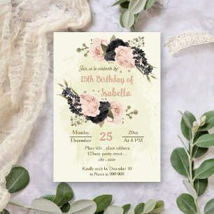 black blush pink flowers botanical birthday invitation