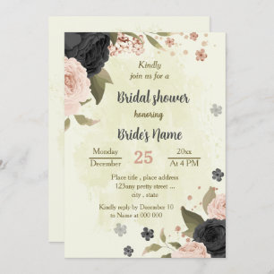 black blush pink flowers botanical bridal shower invitation