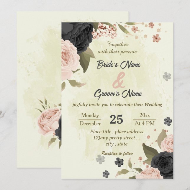 black blush pink flowers botanical wedding invitation (Front/Back)