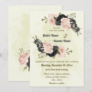 black blush pink flowers botanical wedding invitation