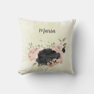 black blush pink flowers throw pillow