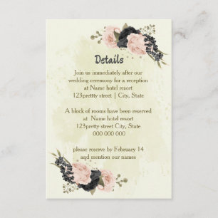 black blush pink flowers wedding details enclosure card