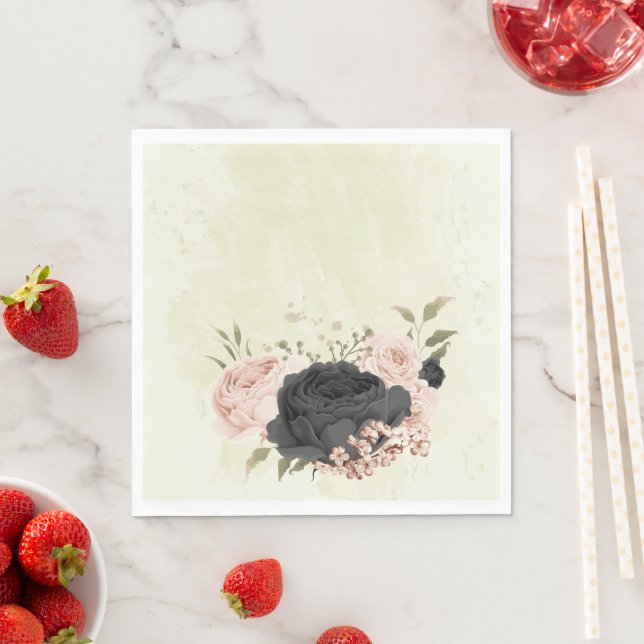 black blush pink flowers wedding napkin (Insitu)